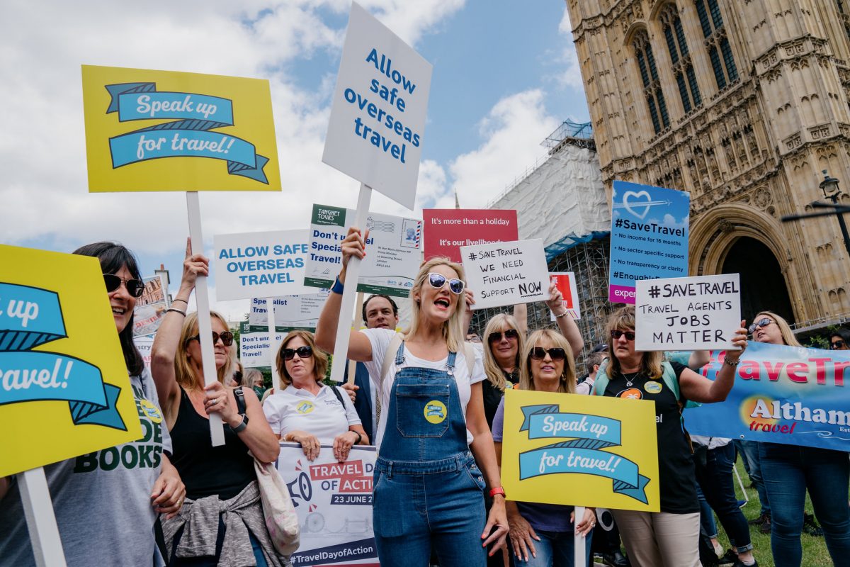 Travel Day of Action demonstration in Westminster to pressure government to reopen for summer 2021 travel