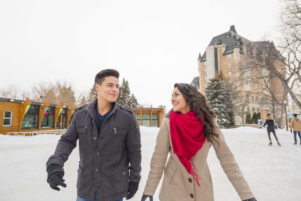 in Saskatoon Ice skating, Cameco Meewasin Skating Rink at Nutrien Plaza in 2017 Photo credit- Chris Hendrickson Photography for Tourism Saskatchewan