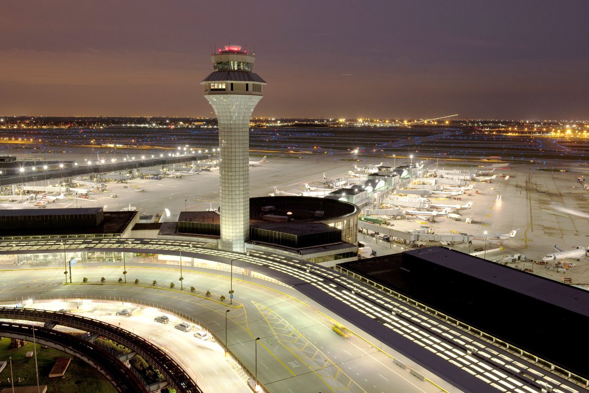 Chicago O'Hare International Airport seen at night in 2014. O'Hare is one of the airports that will get a 5G buffer.