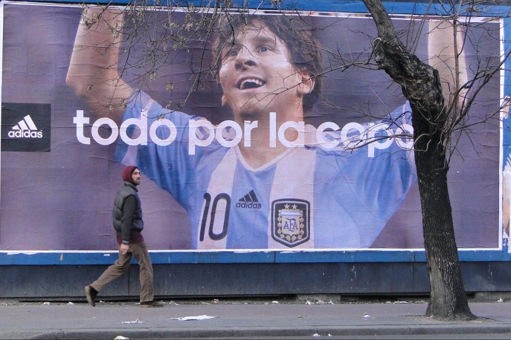 A billboard in Buenos Aires, Argentina, showcasing futbol legend Lionel Messi.