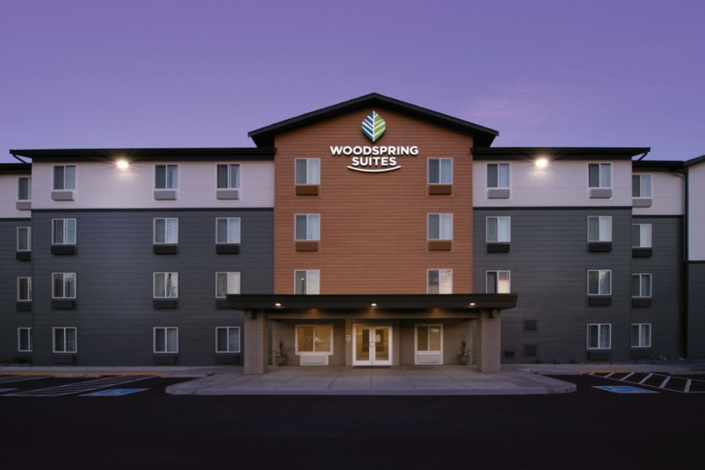 The exterior of a WoodSpring Suites property in Everett in Washington state. Parent company Choice Hotels is a client of travel startup Canary Technologies. Source: Choice Hotels.