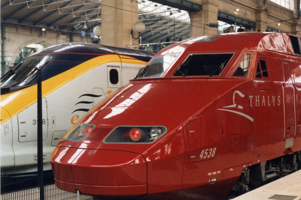 Thalys and Eurostar trains at Paris' Gare du Nord station.