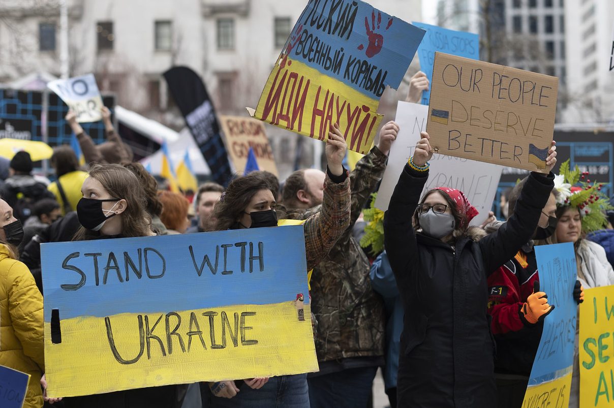 Demonstrators marching in support of Ukraine
