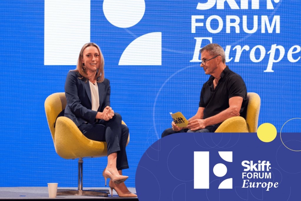 Amanda Cupples and Executive Editor Dennis Schaal on stage at Skift Europe Forum