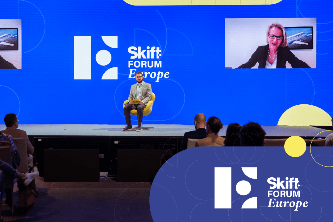 Air France CEO Anne Rigail spoke with Seth Borko, Skift's senior research analyst, at Skift Forum Europe 2022 on March 24, 2022, in London. Source: Skift.