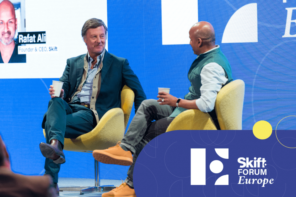 Accor Chairman and CEO Sébastien Bazin spoke with Skift Founder and CEO Rafat Ali at Skift Forum Europe 2022 on March 24, 2022, in London. Source: Skift.