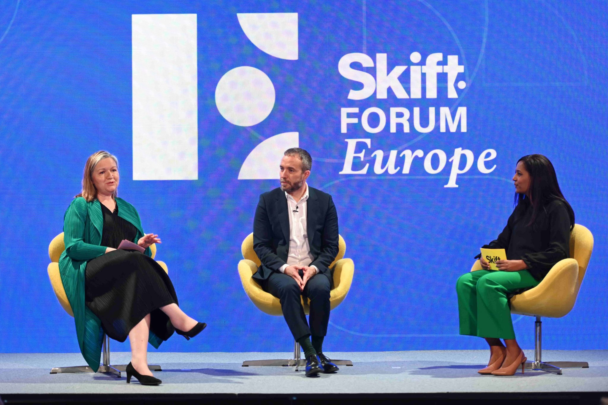 At Skift Forum Europe in March 2022 in London, Caroline Leboucher (left) spoke with Miguel Sanz and Lebawit Lily Girma about French and Spanish tourism. Source: Skift.