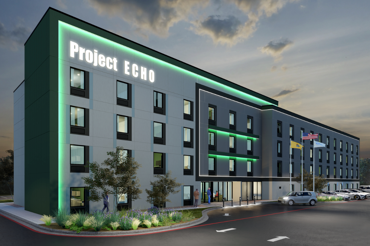 A rendering of the exterior of Wyndham's concept for an economy extended stay brand, as of March 2022. The name "echo" is an acronym for Economy Hotel Opportunity. Source: Wyndham.