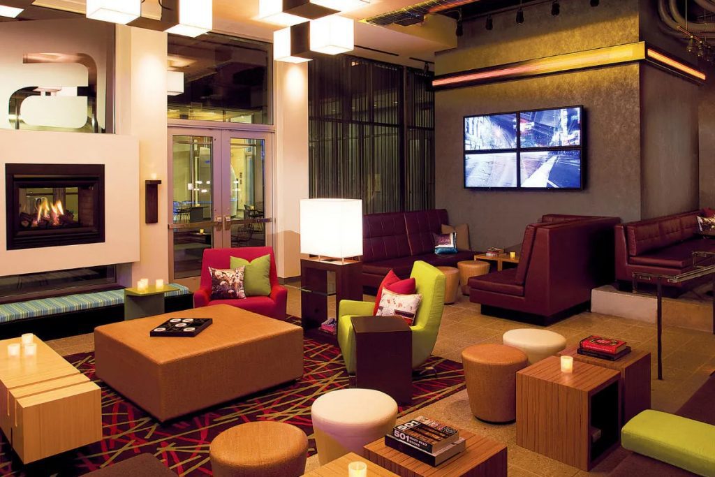 An image of the lobby of the Aloft Hotel property in downtown New York City. Aloft is a partner of the startup Anywell for lobby and meeting space for working nomads. Source: Aloft.
