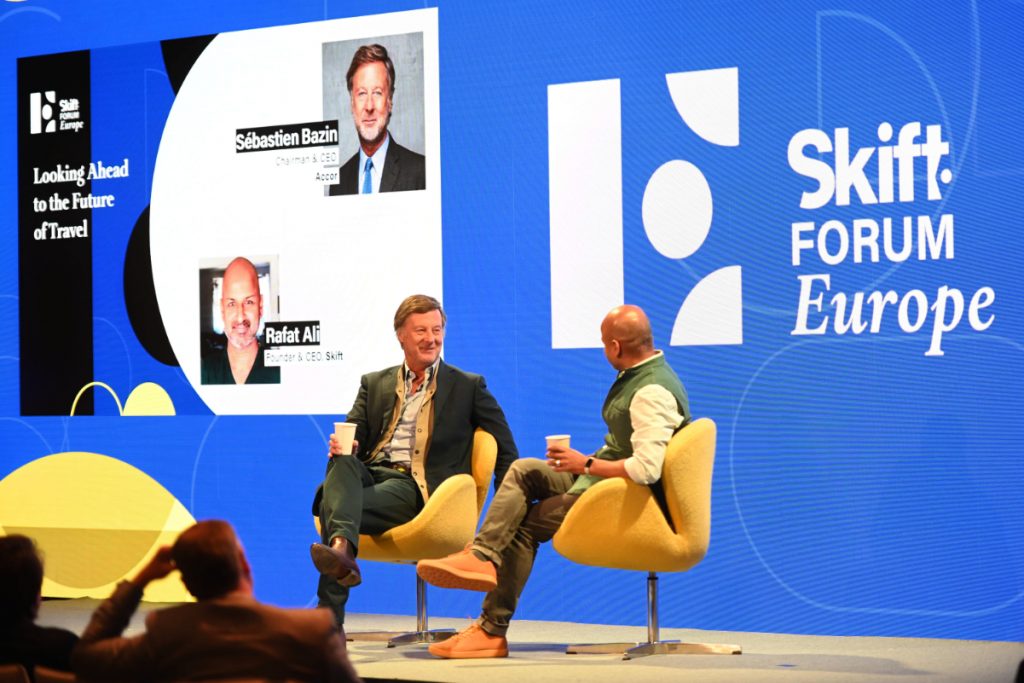 Sébastien Bazin, Chairman and CEO of Accor, in conversation with Skift CEO Rafat Ali at Skift Forum Europe in London on March 25, 2022. Source: Skift.