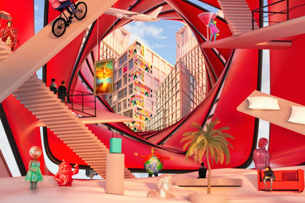 A visualization of what hotel group CitizenM may present as its space in the Sandbox, an online world that represents one test version of the metaverse. CitizenM plans to build a hotel in the metaverse via the Sandbox, an online space where people simulate activities. Source: CitizenM.