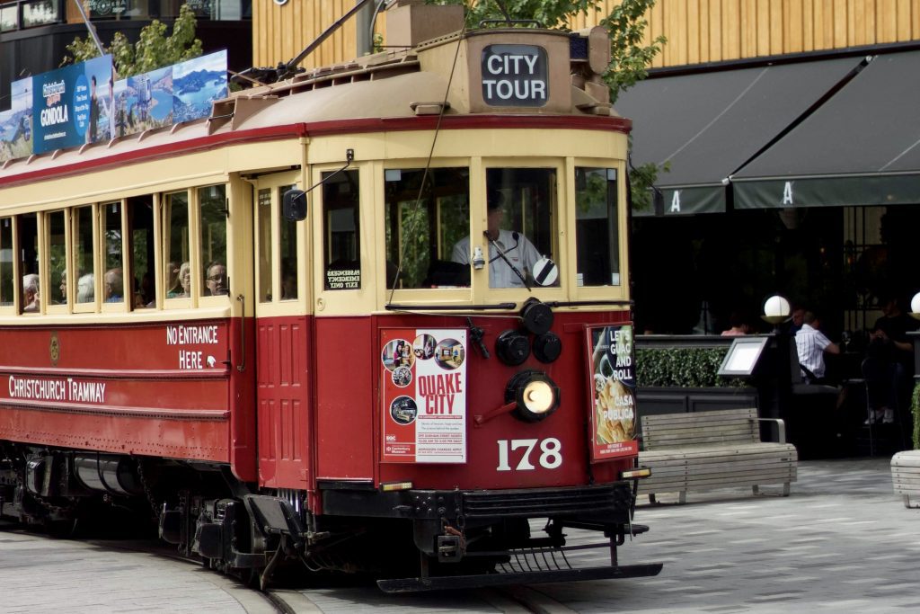 A tourist trolley in Christchurch, New Zealand. 