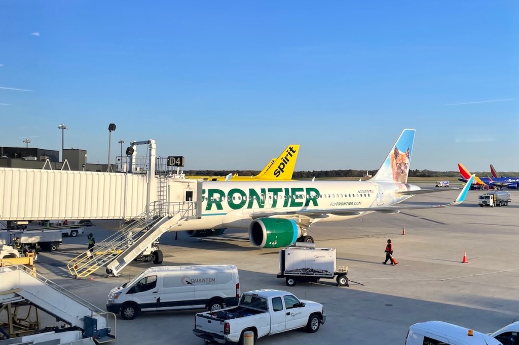 Frontier Airlines and Spirit Airlines jets at Baltimore-Washington International Airport.