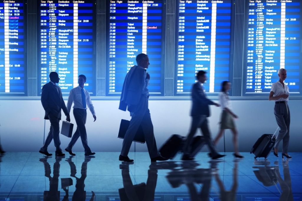 Airport with busy business travelers.