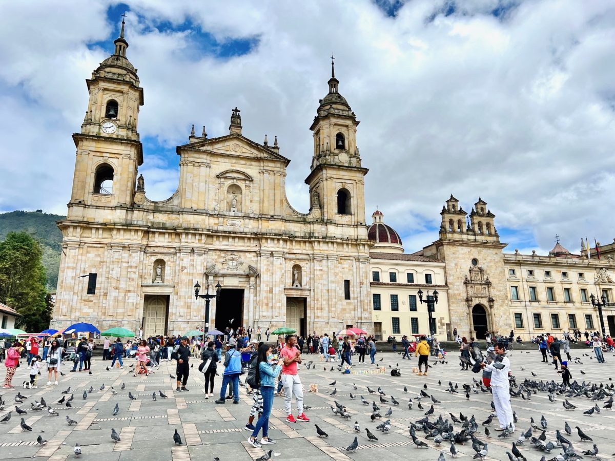A lively Plaza Bolivar in Bogota, Colombia – May 2022.