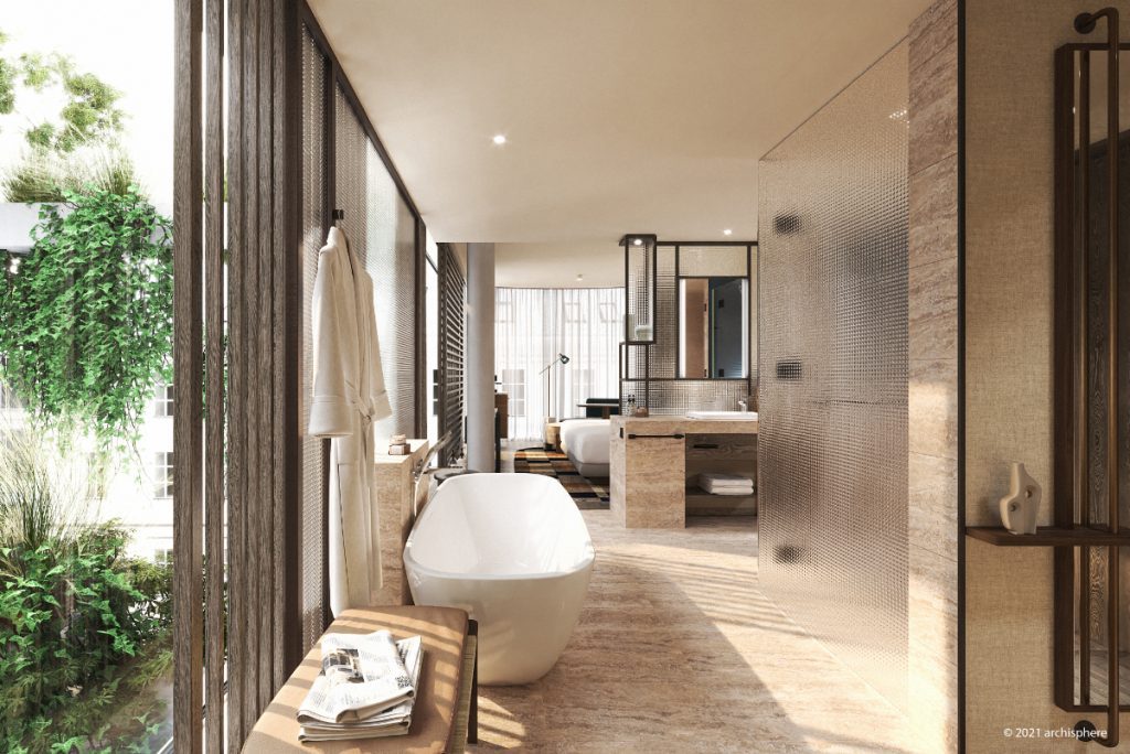 A representation of a deluxe suite at the Thompson Vienna planned to open in late 2024. The 148-room hotel on Mariahilferstrasse will be run by a Hyatt affiliate. Source: Hyatt.