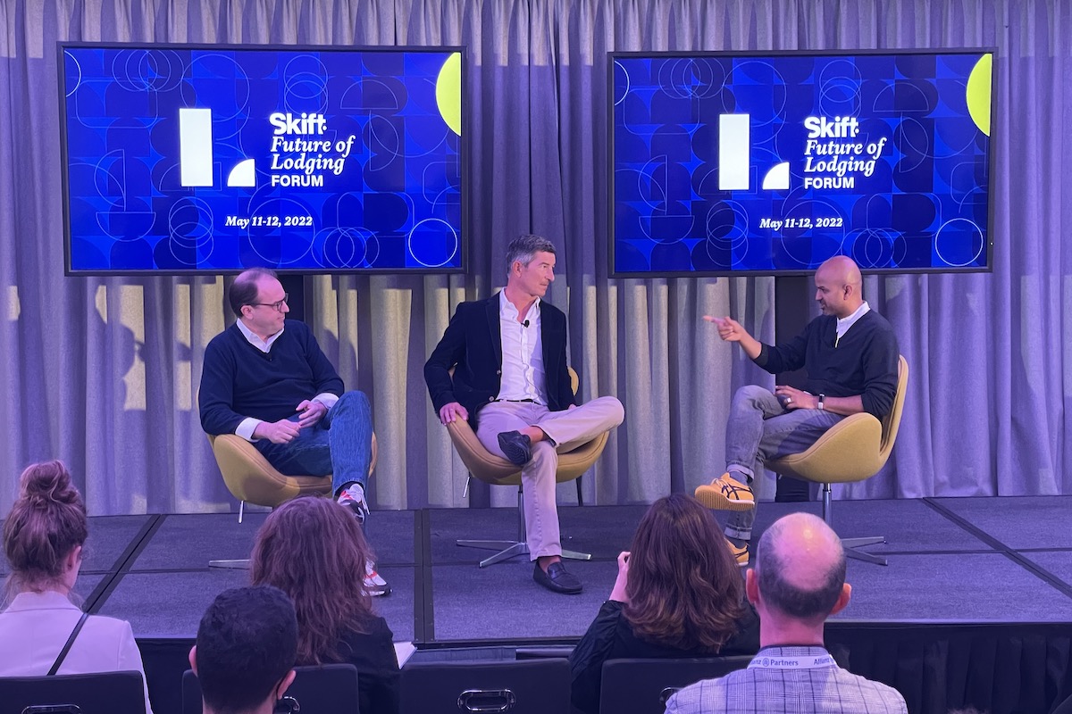 (From left) MCR Hotels CEO Tyler Morse, Kayak CEO Steve Hafner, and Skift CEO Rafat Ali discussed the durability of changed travel patterns at the Skift Future of Lodging Conference in New York City May 11, 2022.