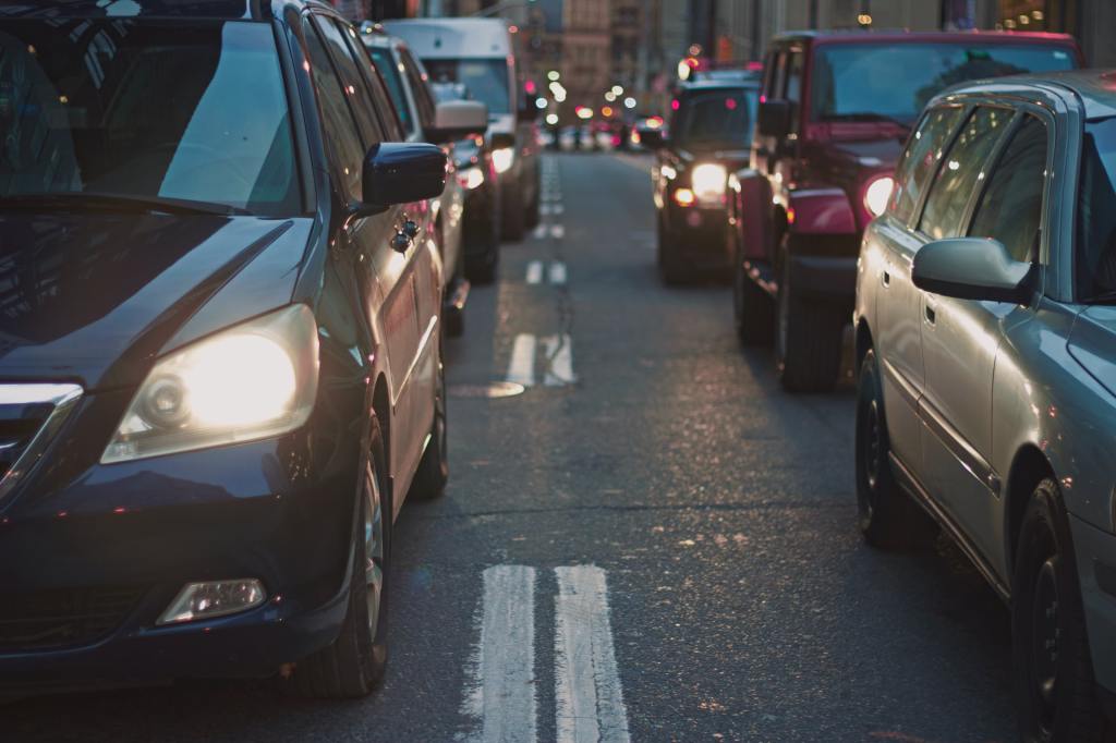 Rows of car headlights