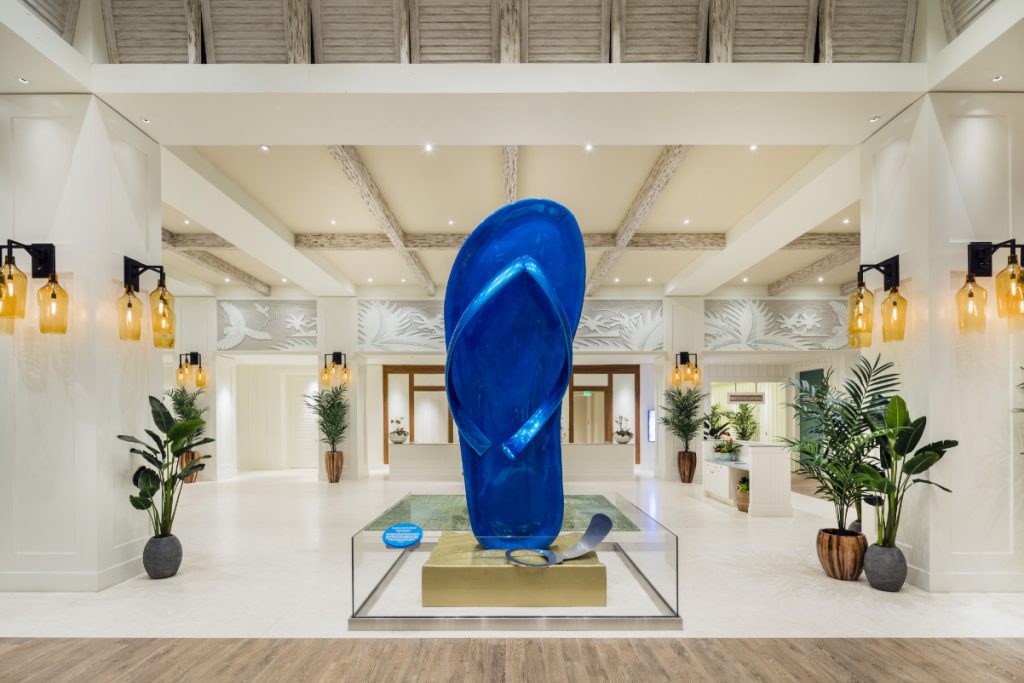 A giant artwork of a pair of flip flops in the lobby of the Margaritaville Hollywood resort in Florida. Source: Margaritaville Holdings.