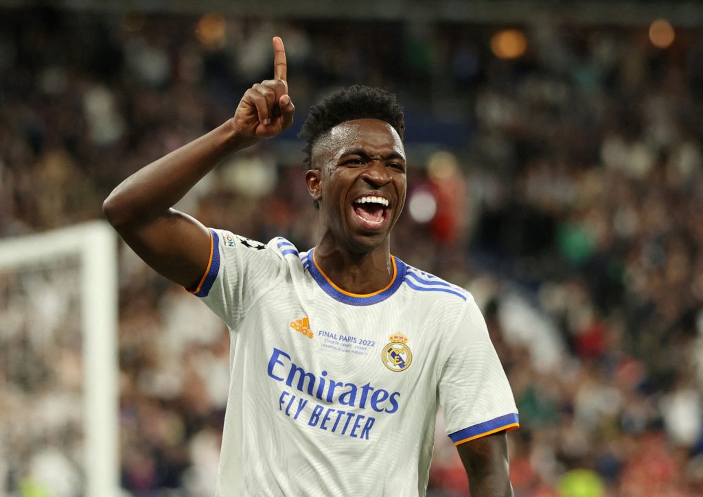 Real Madrid's Vinicius Junior celebrates scoring their first goal in the 2022 Champions League Final. 