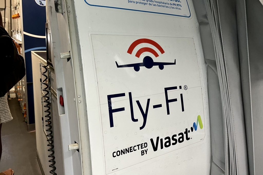 Exterior of a JetBlue plane advertising in-flight Wi-Fi