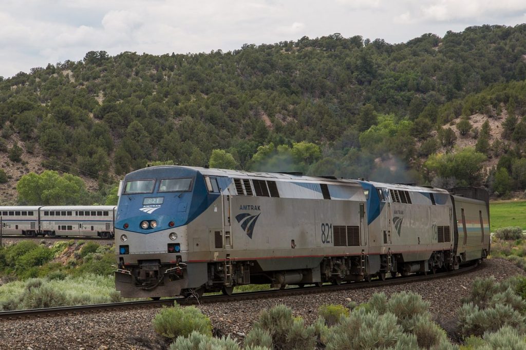 Amtrak's California Zephyr train travels along the Colorado River near McCoy, Colorado