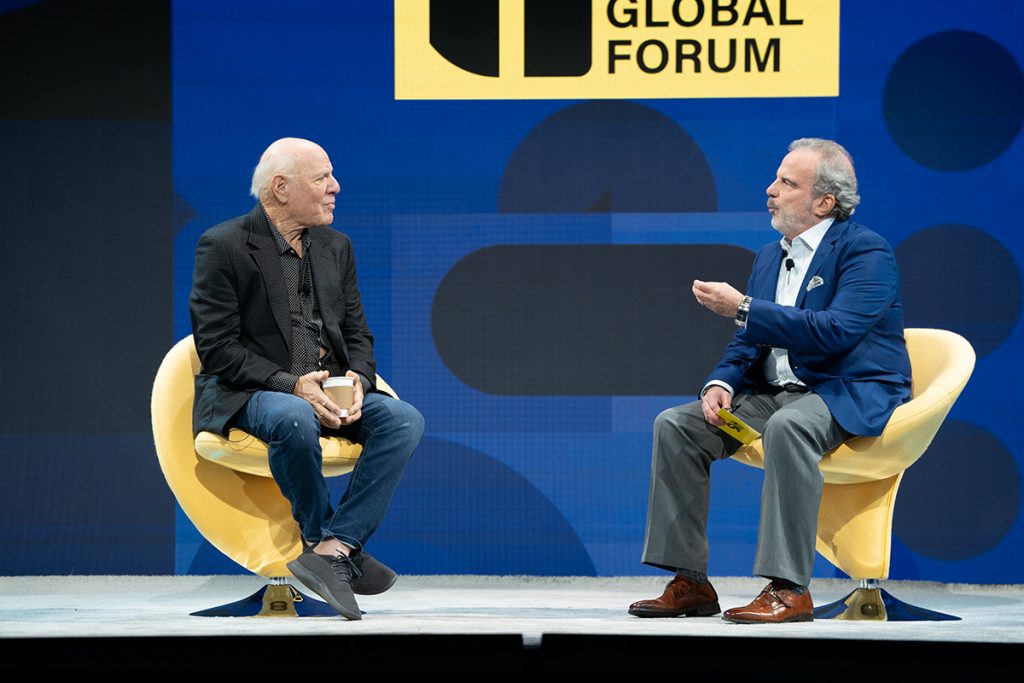 Barry Diller (left), chairman of Expedia Group, appeared at Skift Global Forum September 20, 2022 in New York City. Editor-in-Chief Tom Lowry interviewed Diller. 