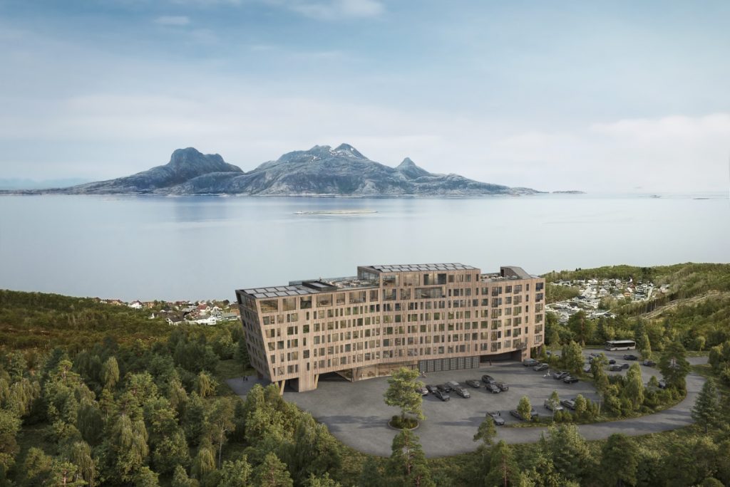 Nordic Choice Hotels plans to build a new hotel (rendering shown here) with a heavy use of wood in Bodø, Norway, by 2024. Source: Nordic Choice Hotels.