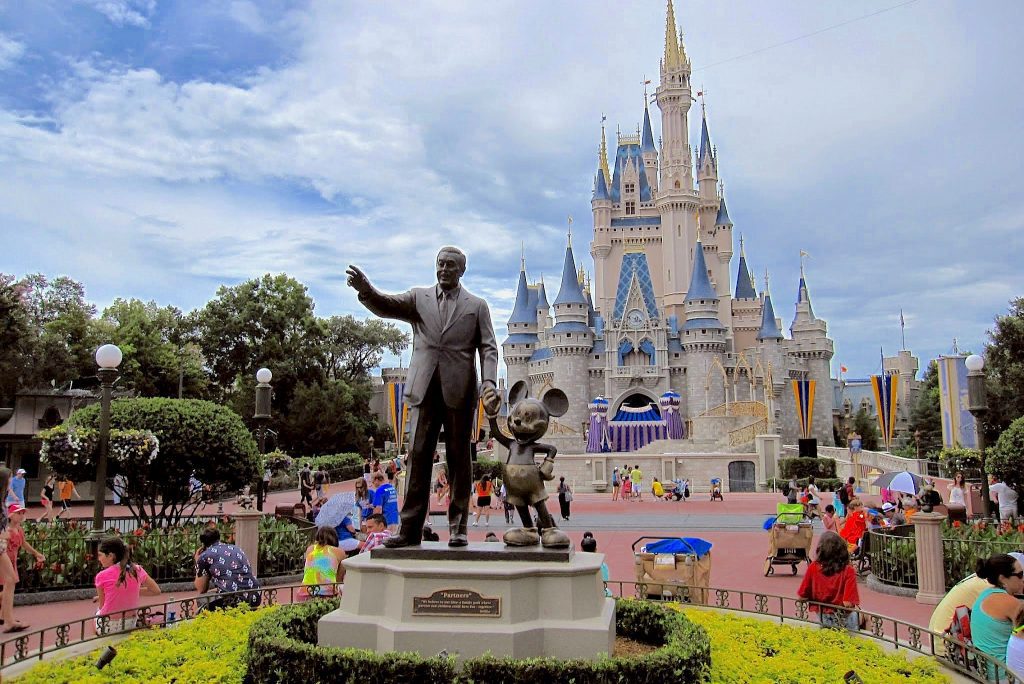 The statue of Walt Disney and Mickey Mouse at Walt Disney Worlds Magic Kingdom.