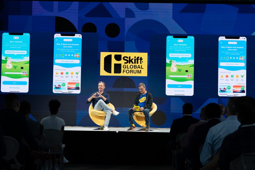 Hopper CEO Frederic Lalonde in discussion with Skift executive editor Dennis Schaal at Skift Global Forum in New York on September 21.
