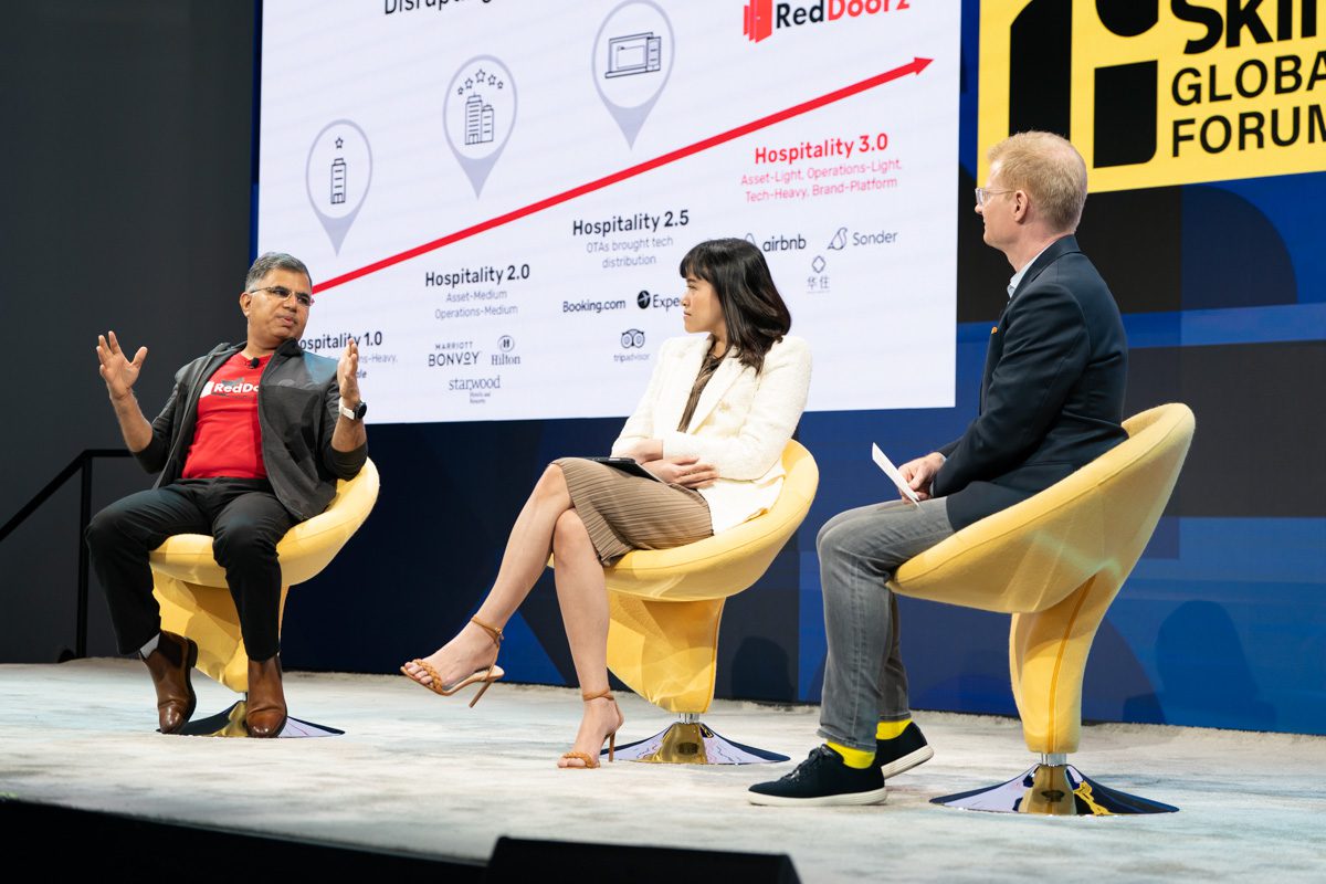 Amit Saberwal and Shirley Lesmana in conversation with Sean O'Neill at Skift Global Forum.