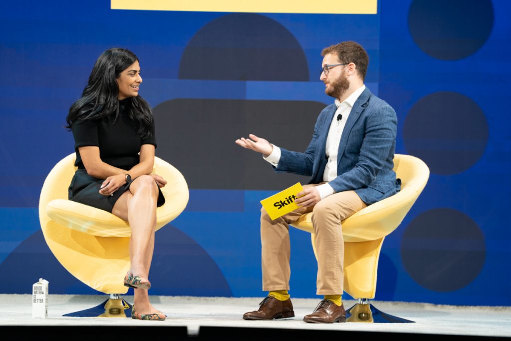 Neha Parikh, CEO of Waze, in discussion with Skift senior research analyst Seth Borko at Skift Global Forum in New York City.