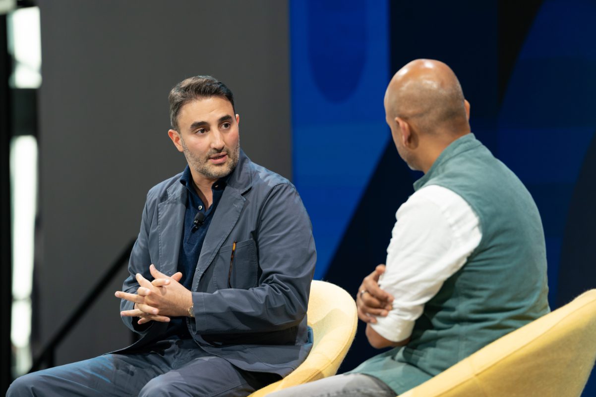 Skift CEO Rafat Ali (right) interviewed Ennismore co-CEO Sharan Pasricha at Skift Global Forum in Manhattan on September 20, 2022.