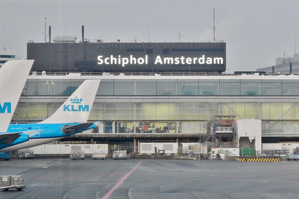 KLM aircraft tails at Amsterdam's Schiphol airport.