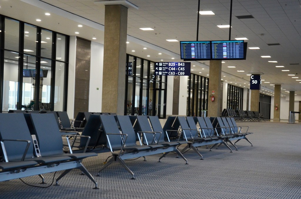 An empty airport waiting area.