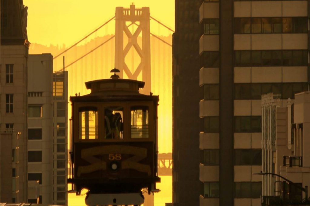 Cable car at sunset in San Francisco