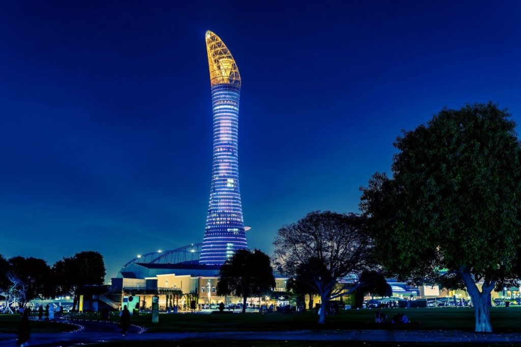 A huge building in the form of a torch located in the middle of a public park in the city of Doha, Qatar