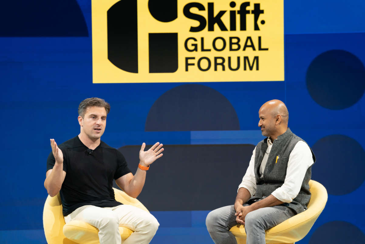 Airbnb co-founder and CEO Brian Chesky appeared on-stage at Skift Global Forum in New York City in September 2022. 