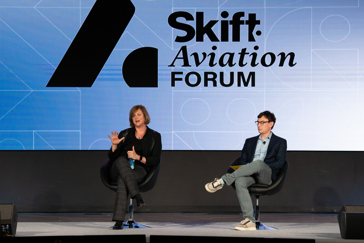 Linda Jojo (left), United Airlines chief customer officer, speaking with Skift Editor-at-Large Brian Sumers at Skift Aviation Forum in Dallas.
