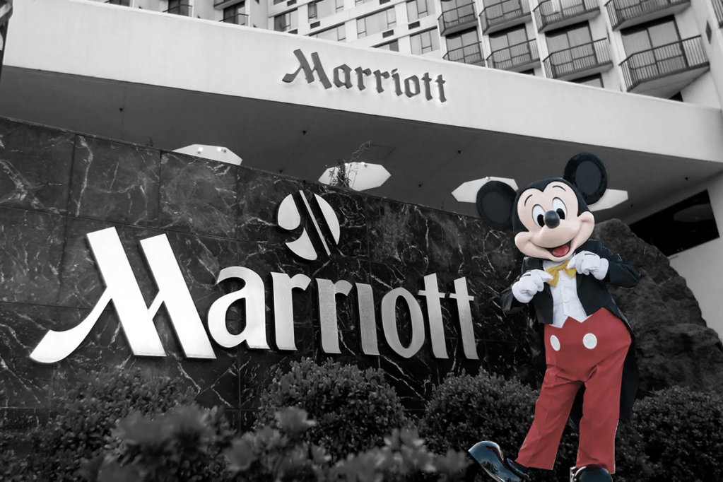 Photo Illustration of Disney's Mickey Mouse in front of the Marriott logo.