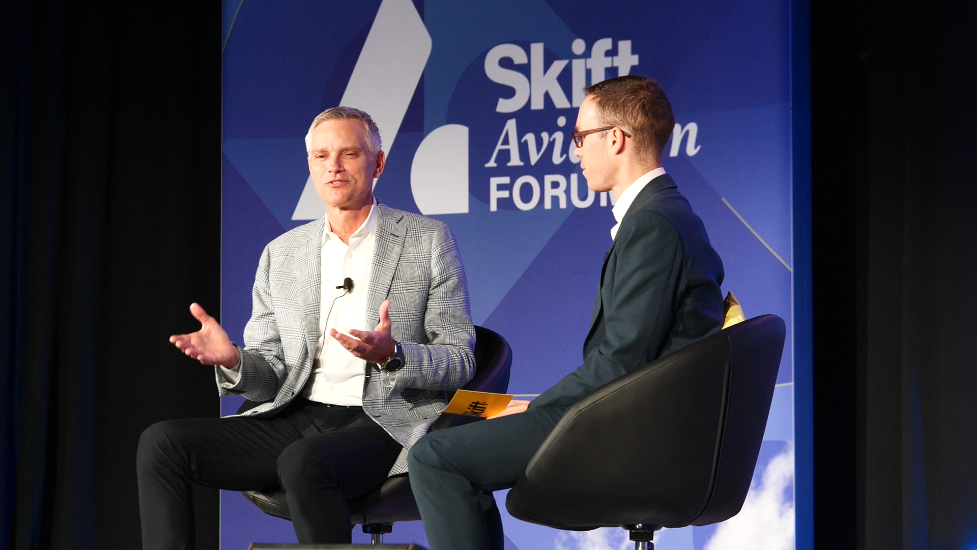 American Airlines CEO Robert Isom speaking on stage at Skift Aviation Forum in Dallas, Texas, November 2022.