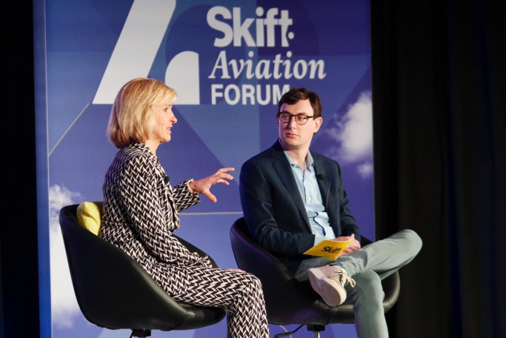 Delta's Allison Ausband, executive vice president and chief customer experience officer, talks at Skift Aviation Forum 2022 in Dallas-Fort Worth. Source: Skift.