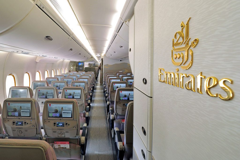 Interior of Emirates Economy Class on an Airbus A380. 