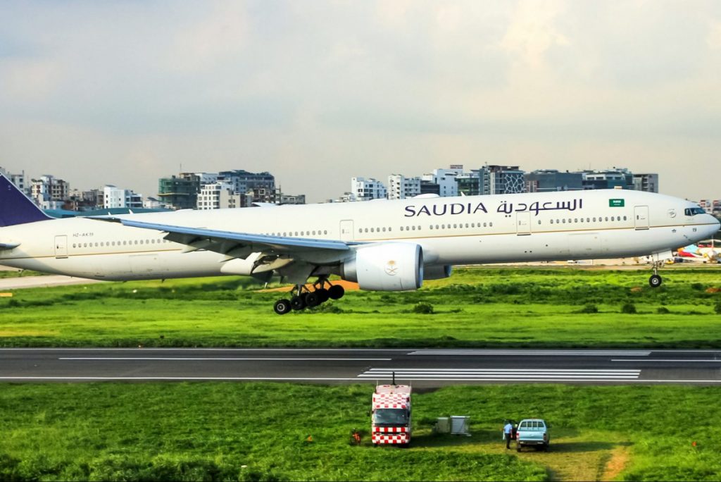 A Boeing 777-368ER flown by Saudi Arabian flag carrier Saudia Arabian Airlines. Saudi Arabia has plans to massively expand its airport.