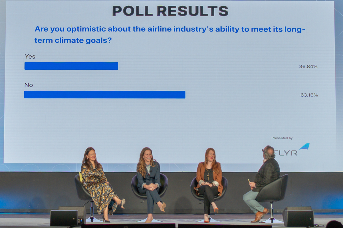 Leaders from Delta, Air France-KLM, and McKinsey and Company talk with Skift Editor in Chief Tom Lowry about airlines' carbon impact, at Skift Aviation Forum 2022 in Dallas-Fort Worth. Source: Skift.