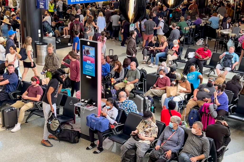 A busy waiting area at Los Angeles International Airport