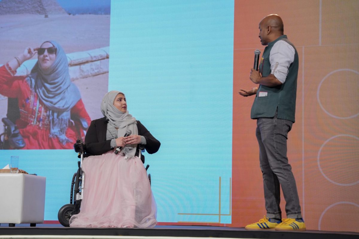 Disability activist Tanzila Khan and Skift CEO Rafat Ali on stage at Skift Global Forum East in Dubai.