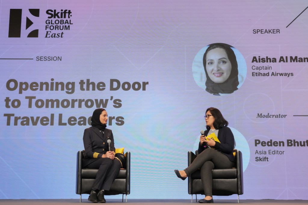 Etihad captain Aisha Al Mansoori at the Skift Global Forum East in December 2022