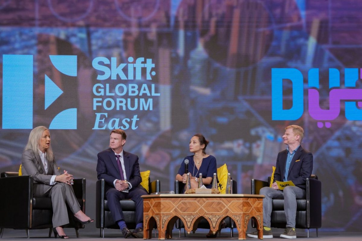 Ellen Dubois Du Bellay, chief human resources officer, Jumeirah, Jeff Strachan, of Dubai College of Tourism Margaux Constantin, partner at McKinsey & Companywith Skift Senior Hospitality Editor Sean O'Neill at Skift Global Forum East in Dubai.