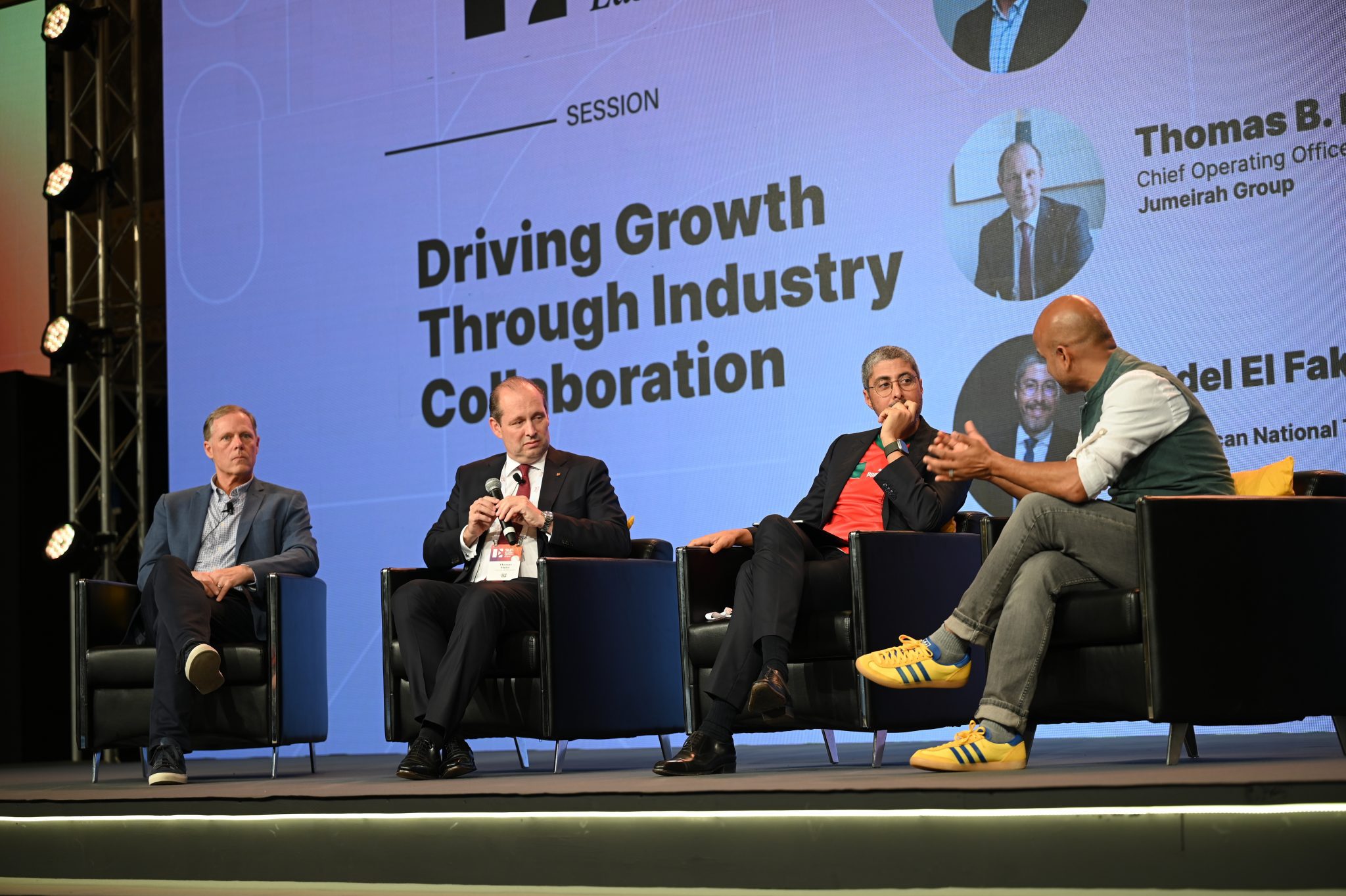 From left: Rob Torres, Expedia Group Media; Thomas Meier, Jumeirah Group; Adel El Fakir, Moroccan National Tourism Office; and Rafat Ali, Skift, speaking at Skift Global Forum East in Dubai on Dec.14. 